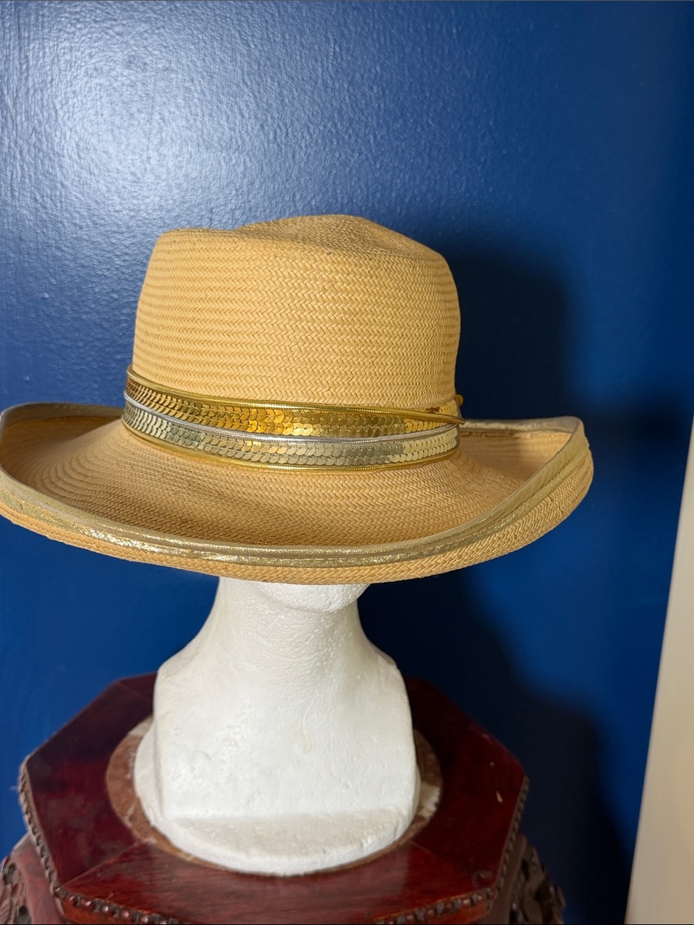Michelle McDowell by Sonni Woven Straw Sun Hat with Gold & Silver Sequin Band